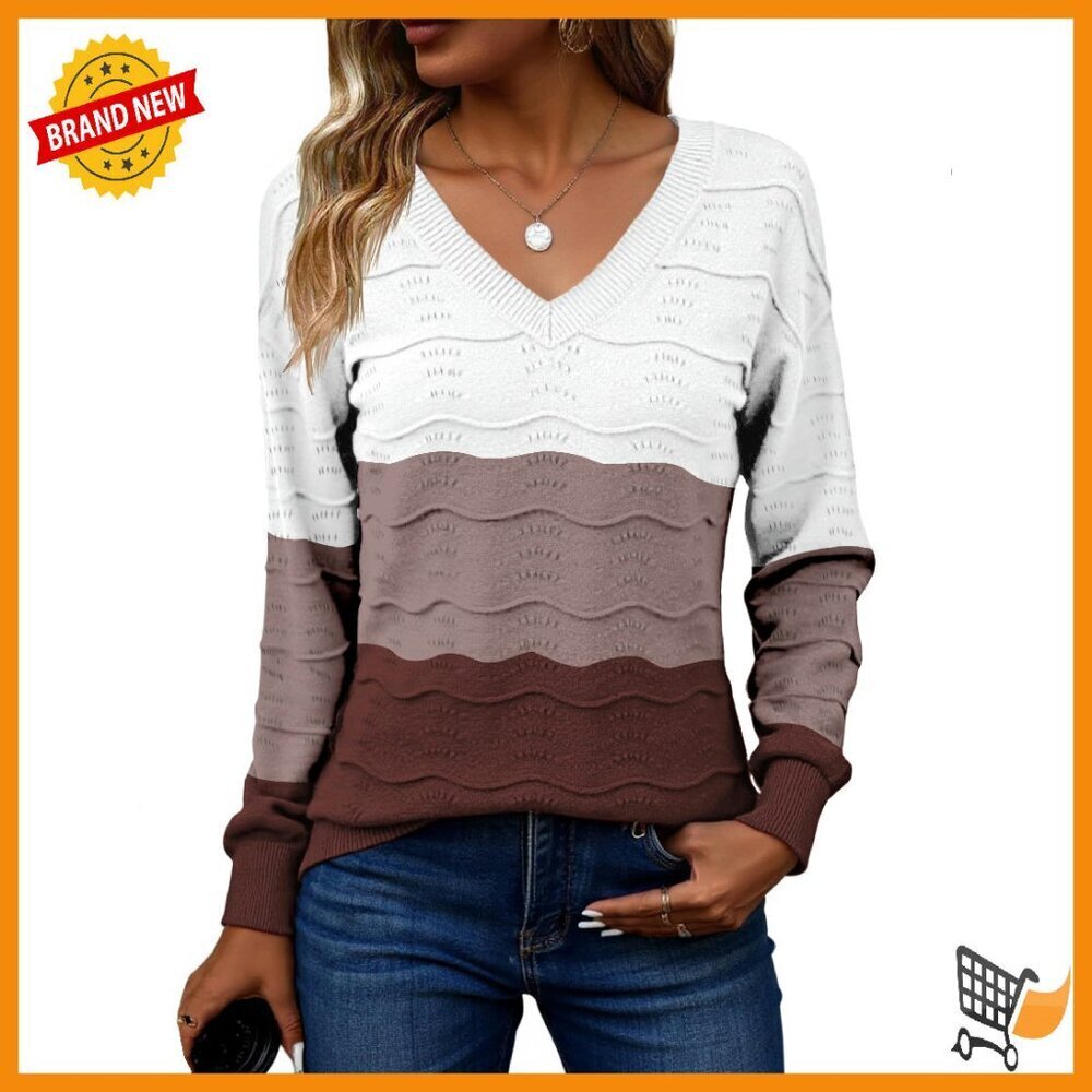 Lightweight Crochet V-Neck Pullover Sweater, Ribbed Knit, Long Sleeve